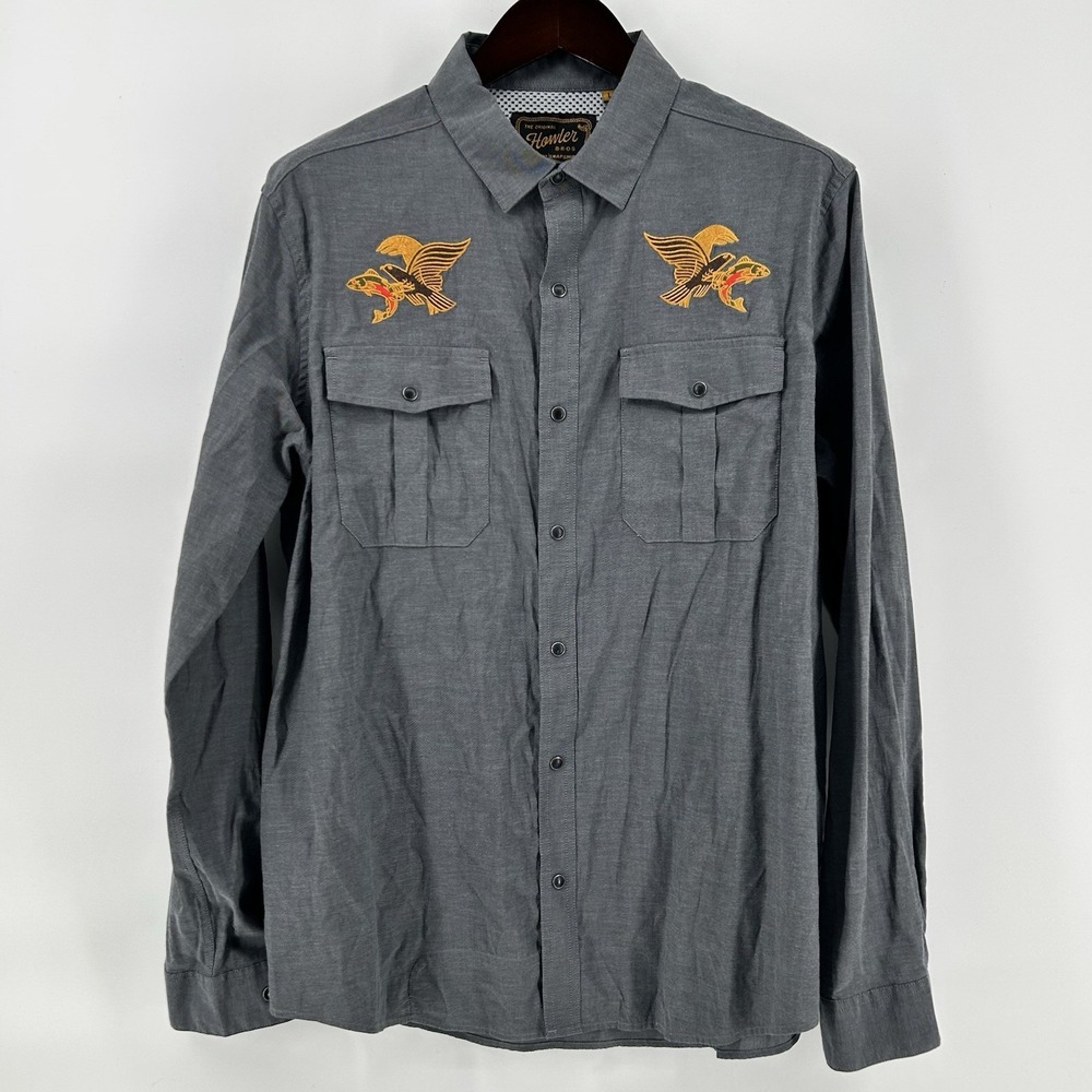 Howler Brothers Gaucho Snapshirt Mens L Osprey Prey Gray Embroidered Vented